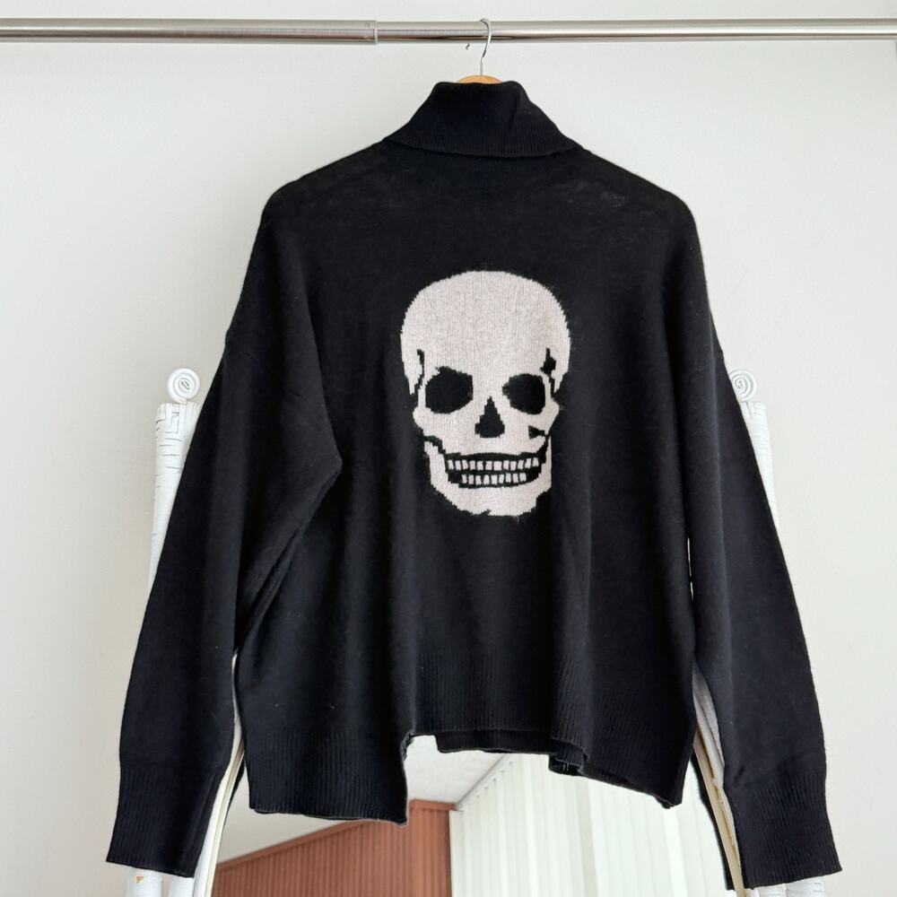 360 Skull Cashmere Sweater Medium Black Turtleneck Graphic Skeleton Goth Grunge